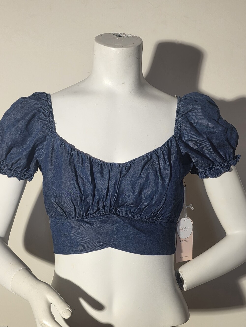 Blashe - Navy Puff Sleeve Cropped Blouse (Size S)